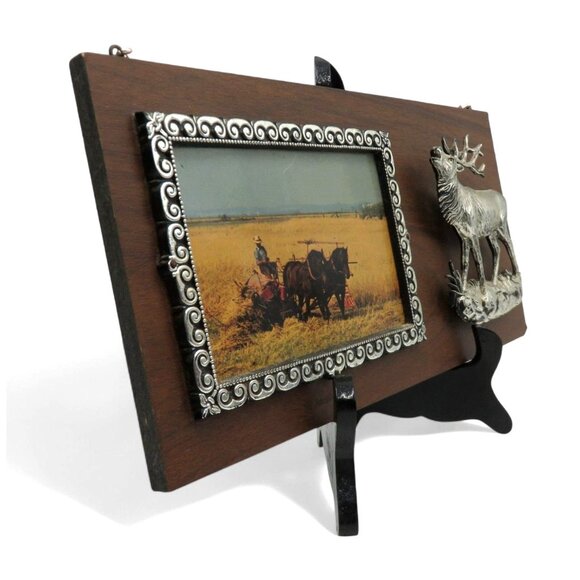 WOOD PLAQUE With Silver Elk Figurine and Framed Horse Scene Canada Vintage 12 In - Picture 2 of 12